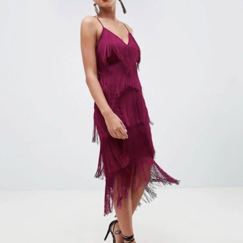 ASOS MIDI Dress with Paneled Fringe Purple/Maroon (US 6)